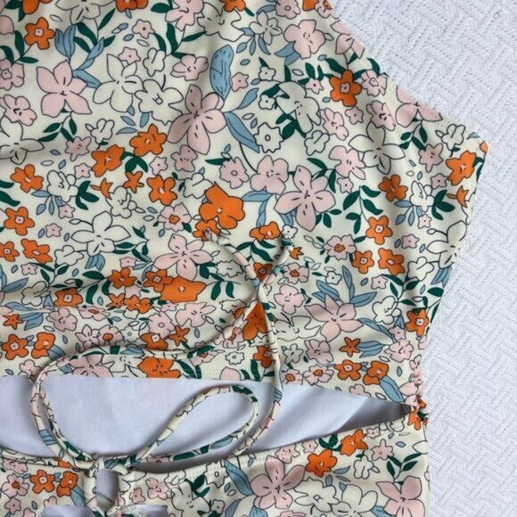 Women's 2XL XXL Orange White Floral Open Back One Piece Swimsuit Swimwear Frill - Picture 9 of 13